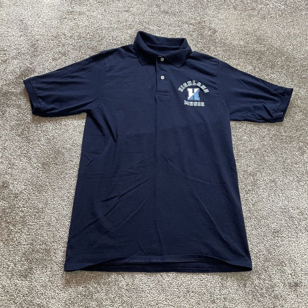 Jerzees Polo Shirt Mens Small Navy Blue Highland Music Logo Collared Rugby Golf